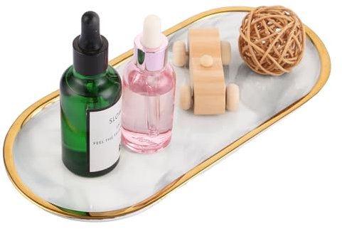 DAJAVE Bandeja de mármol ovalada de mármol con borde dorado, bandeja decorativa para el baño, bandeja decorativa, bandeja de mármol blanco, bandeja para velas, toallas, joyas