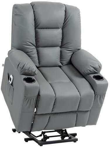 HOMCOM Fernsehsessel mit Aufstehhilfe Elektrisch, Relaxsessel mit USB-Schnittstelle, Massagesessel mit Fernbedienung TV Sessel mit Rollen und Becherhalter, für Wohnzimmer, bis 150 kg, Grau