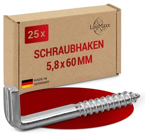 LouMaxx Schraubhaken gerade mit Schlitz 5,8x60mm - 25 Stück Hakenschrauben, verzinkter Schraubenhaken aus Stahl, Tragkraft 50kg, rostfrei für außen - zuverlässig montierbar in Holz, Beton, Gipskarton