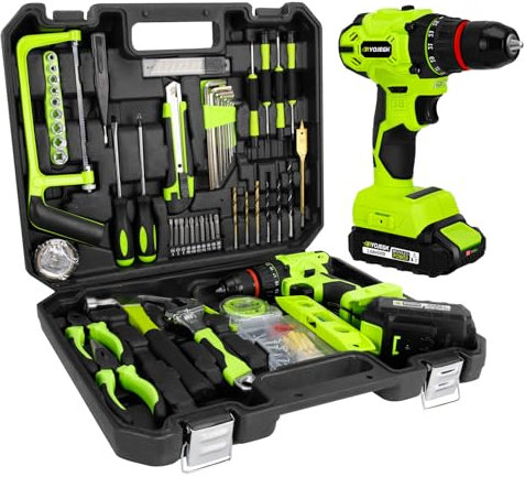 RYOJEGK Ensemble d'outils pour la maison avec perceuse sans balais, 20 V 119 pièces avec batterie, kit d'outils avec perceuse pour homme et femme, mandrin en métal sans clé 24 + 1 ensemble de forets
