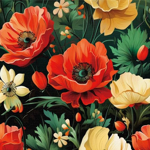 ANLIKY-Pro Self Adhesive Wallpaper Green Leaves Red & Yellow Flowers Peel and Stick Contact Paper, 44X600CM，Removable Decorative Film for Cabinet Furniture