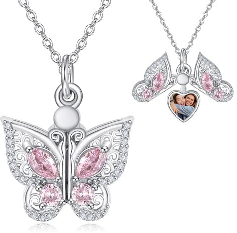 KINGWHYTE Schmetterling Medaillon Halskette 925 Sterling Silber Rosa Schmetterling Bilder Anhänger Öffnen Foto Schmuck Geschenke für Frauen Mädchen
