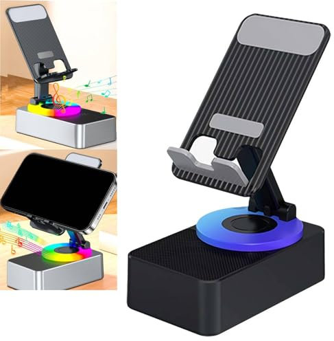 3 in 1 Bluetooth Audio Power Bank Phone Holder, Multifunctional Cell Phone Stand with Wireless Bluetooth Speaker & LED Color Changing Light, Foldable Cell Phone Stand for Desk Travel, Black