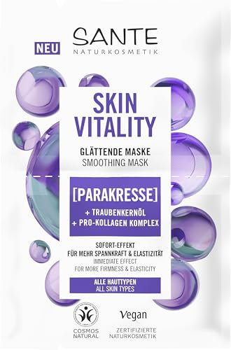 SANTE Naturkosmetik Skin Vitality Glättende Maske, revitalisierende Feuchtigkeitsmaske mit Parakresse, Traubenkernöl & Pro-Kollagen-Komplex, für mehr Spannkraft und Elastizität, 8ml