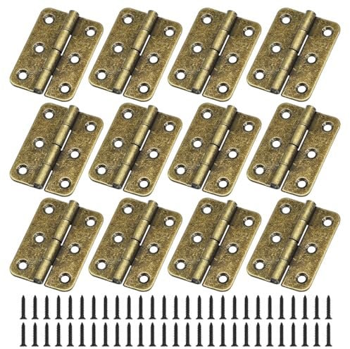 JJWNMLL 12 pcs Retro Door Hinges 2 inch Folding Butt Hinges Thickened Timber Door Hinge with 74 PCS Antique Hinge Screws for Home Furniture Hardware Cabinet Closet Drawer Wood Box