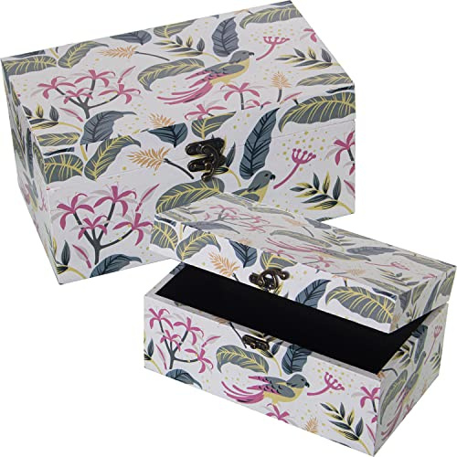 SET 2 CAJAS DECORADAS MADERADM/LONA POLIÉSTER LORO+HOJAS 30X18X15+24X14X12CM