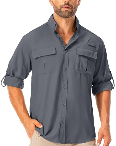Asfixiado Hemd Herren Safari UPF50+ UV Schutz Wanderhemd Herren Langarm Funktionshemd Outdoorhemd Atmungsaktiv Schnelltrocknend Casual Button Down Shirts(Dark Grey XXL)
