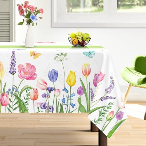 Arquiel Tischdecke Ostern, Tulpe Blumen Tischtuch Wasserabweisend StrapazierfäHiges, Abwischbar Tischdeck FüR Abendessen, KüChe, Hochzeit, Drinnen, FrüHling/Sommer(152 x 264 cm)