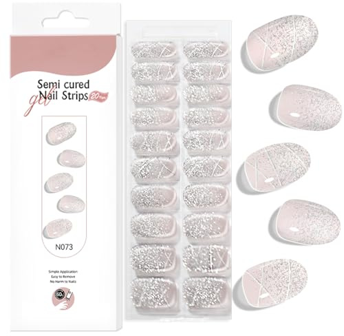 20 Stück UV Härtende Selbstklebende Nagelfolien Silber Glitzer, Full Cover UV Gel Nagelfolie, Hochwertig Long Lasting Gel Nail Stickers DIY für Damen Mädchen Weihnachten(Glitter)