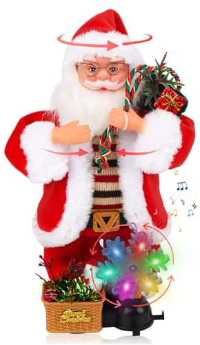 Statuetta di Babbo Natale con musica e braccia mobili, 33 x 15 x 13 cm, bambola animata con fiocchi di neve rotanti ed effetti LED, decorazione natalizia a batteria per la casa