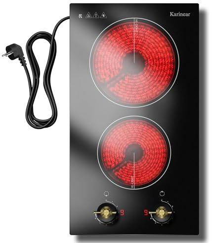 Karinear Glaskeramikkochfeld 2 Platten mit Stecker & Drehknopf | Autarkes 30cm Einbau oder Mobile, 3000W, Infrarot-Heizung, Überhitzungsschutz, 16A Steckerdose