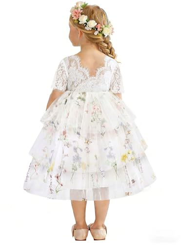 ZOEREA Mädchenkleid Spitze V-Rückenausschnitt Kleid Mädchen Festlich Blumenstickerei Tüllkleid Hochzeit Blumenmädchenkleider 2-8 Jahre