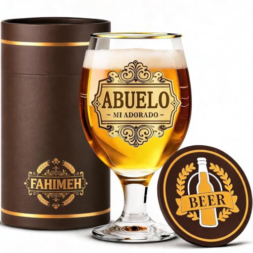 FAHIMEH Regalos Abuelo, Personalizadas Grabado Copa Cerveza, 400ml | Para Cumpleaños Aniversario Navidad, de Nietos Originales Ideas Hombres Regalo con Posavasos