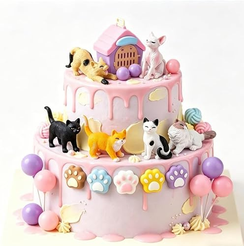 Tortendeko Katze 35 Stück Cake Topper Geburtstag Katzen | Kuchendekoration mit Rosa-Lila Kugeln Torten Katze Geburtstagdeko für Taufen mit Katzenmotiven