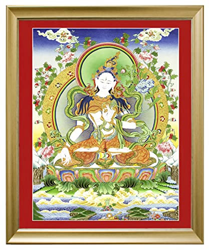 Thangka Tara Weiss Leinwandbild Druck religiöses Wandbild mit schönen goldenen Holzrahmen von Nielsen 40x50 cm