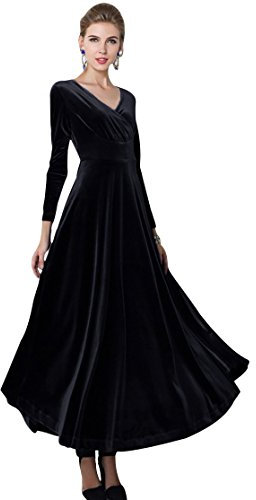 Damen Elegant V-Ausschnitt Langarm Samt Maxi Kleider Party A Linie Lang Abendkleider (XXL, Schwarz)
