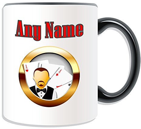 Personalisiertes Geschenk – Karten und Dealer Baccara/Blackjack/Texas Holdem Tasse (Casino Design Thema, Farbe Optionen) – alle Nachricht/Name auf Ihre einzigartige – Hold 'em Poker Karte, keramik, schwarz
