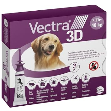 VECTRA 3D Antiparassitario per Cane 3 Pipette Antipulci, Antizecche e Antizanzare per cani 25/40 kg Protegge da Pulci, Zecche, Flebotomi e Mosche