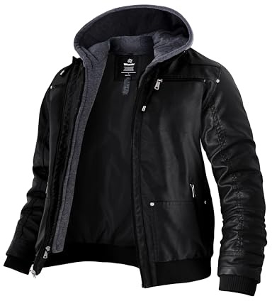 Wantdo Men's Motorcycle Jacket Hooded Windbreaker Coat Faux Leather Jacket Warm Long Sleeve Jackets Black 3XL