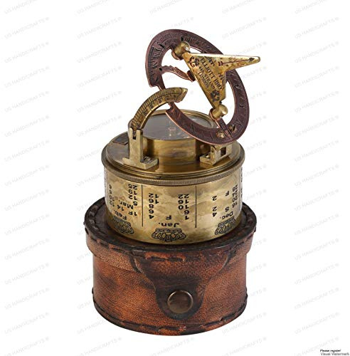 US HANDICRAFTS Vintage kompass navigationsinstrument - marin solur kompass med läderfodral och kalender...