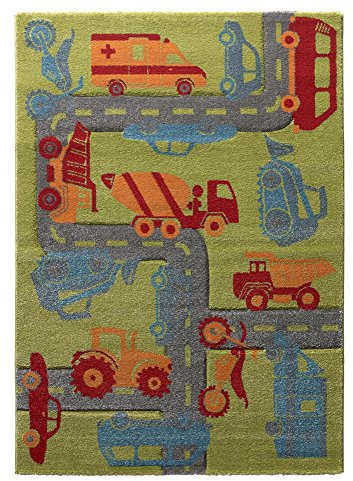 Wecon Home Sigikid I Moderner Kurzflor Kinderteppich, Kinderzimmer für Jungen I Traffic I SK-21967-040 I Grün Grau Blau Orange I (133 x 200 cm)