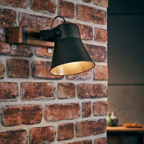 Lightbox dekorativer Wandstrahler - Industrial Wandspot mit schwenkbarem Kopf - Metall/Holz aus der kanadischen Schwarz-Pappel - in Schwarz/Braun