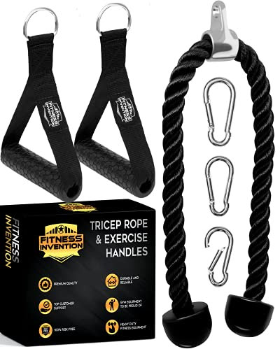 Fitness Invention Tricep Rope Cable Attachment - Tricep Pull Down Rope 35 Inch, 2 Cable Handles & 3 Carabiners - Cable Machine Attachment - Cable Attachments for Gym - Cable Machine Accessories