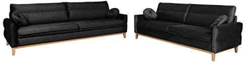 MOEBLO Polstergarnitur Ohrensofa 3 Sitzer und 2 Sitzer Sofa Couch Garnitur Stoff Samt (Velour) Glamour Wohnlandschaft - Estela (Schwarz)