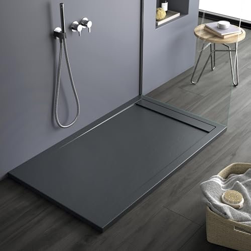 Receveur de douche anthracite RAL7011 en mineralmarbre, effet pierre ardoise, série Lisboa, slim 3 cm, revêtu de Gelcoat, antidérapant