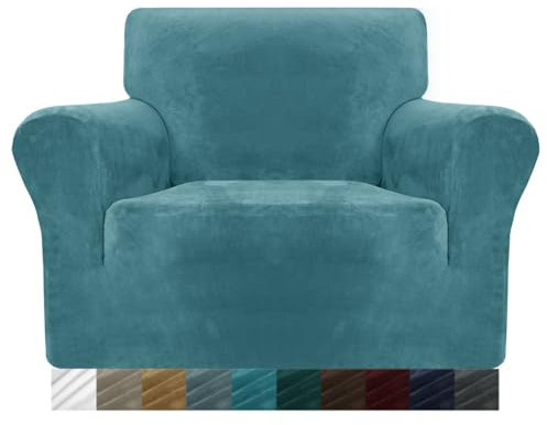 MAXIJIN Dicke Samt Stuhlhussen für Sessel Stretch rutschfeste Sofabezug 1-Sitzer Hunde Katze Haustier Wohnzimmer 1-teiliger Sofa Protector Stuhl Schonbezug (1 Sitzer, Pfauen Blau)
