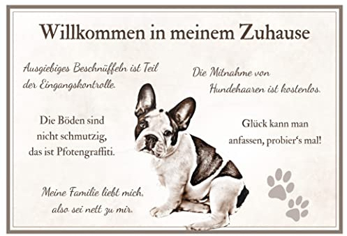 ZAUBERBILD Hundeschild Warnung | Französische Bulldogge 'Willkommen in Meinem Zuhause' | Warnschild Vorsicht Hund | 25x17cm Alu