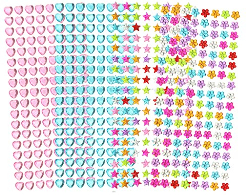 Set Diamond Sticker Glitzersteine Schmucksteine selbstklebend, Acryl Kristall Diamanten zum Aufkleben, Basteln und Gestalten (576 Stück - Herzen Blüten Sterne - mehrfarbig)