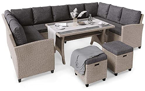 di volio Polyrattan Sitzgruppe Livorno - Lounge Gartenmöbel-Set mit Ecksofa, Tisch, 2 Hockern - Loungemöbel in Rattan-Optik inkl. eine Fleecedecke (grau)