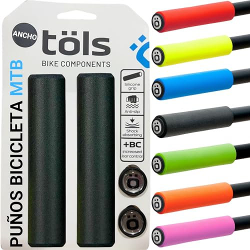 TÖLS 2 puños Bicicleta MTB 130mm Incluye 2 Manguitos Bicicleta y 2 Tapones - Resistentes para la montaña - Puños MTB Antideslizantes- punhos para Bicicletas - Máxima Comodidad - Negro