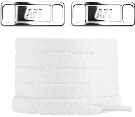 YLOKO Cordones planos para tenis Air Force 1 con dijes AF1, 47-54 pulgadas, cordones blancos originales para zapatos Airforce 1, hombres y mujeres, Cordones blancos + etiquetas plateadas brillantes