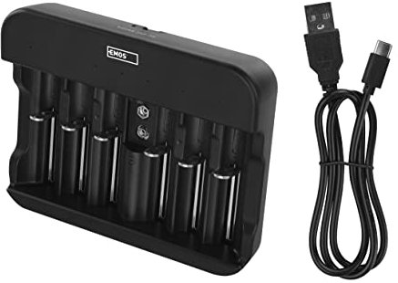 EMOS univerales Akku-Ladegerät NiMH, NiCd für 6 Akkus, Schnell-Ladegerät 500 mA, für 1-6x AAA, AA, C, D, 9 V aufladbare Batterien, inkl. USB-C Kabel, LED-Anzeige, Akkuschutz, Sicherheitsfunktionen