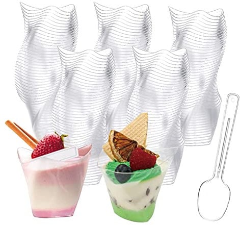 YancLife 50Pcs Dessert Cups with Spoons,150 ml Plastic Swirl Dessert Pots, Clear Small Cup Reusable Serving Dessert Bowl for Ice Cream Cheesecake Jelly Candy Desserts Pudding Mousse Party