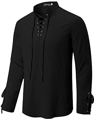 YAOBAOLE Mens Pirate Shirt Long Sleeve Henley Shirt Retro Lace Up Grandad Shirt Black 3XL