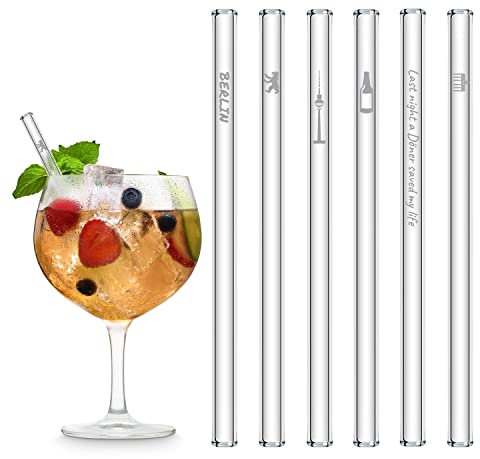 HALM Glas-Strohhalme - Berlin Edition mit Gravur - 6 Stück gerade 15 cm - Berlin Souvenirs - Geschenkartikel - Wiederverwendbare Glas-Trinkhalme - inkl. plastikfreie Reinigungsbürste - Glasstrohalme