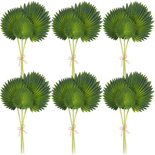 Tigeen 6 racimos de hojas de palma artificiales de espuma de poliuretano con tallo, 3 tamaños, hojas tropicales sintéticas verdes, decoración de fiesta, decoraciones de fiesta tropical, safari