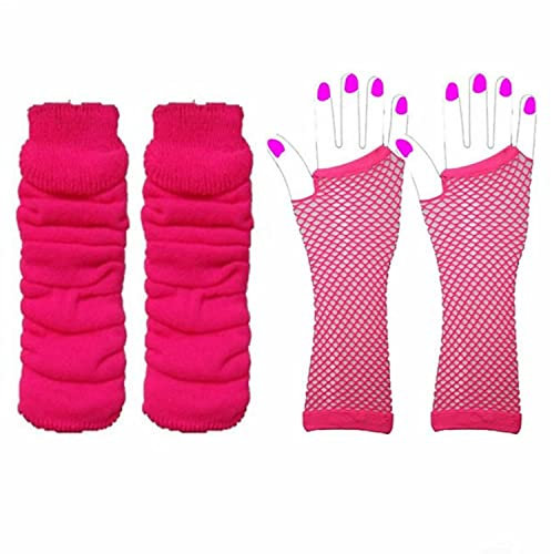 Lizzy Leg Warmers & Fishnet Gloves Set Rainbow Florescent Stripe | 80s Neon Teen Fancy Dress Dance ware Hen Party Tutu Accessory | One Size (Neon Pink)