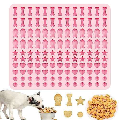 Backmatte Hundekekse, Rosa Silikon Backform, 5 Formen in 1 Backunterlage, Backform für Hundeleckerli, 130 Gitter Backform für DIY Hundekekse und Leckerlis (Halbkugel Fische Knochen Stern Herzform)
