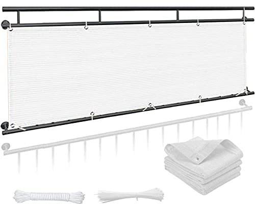 Balkonabdeckung 110 x 650 cm Wind- und UV-Schutz, Privatsphäre Zaunblenden Schattiergewebe mit Ösen und Kabelbinder für Balkongeländer Terrasse, Weiß