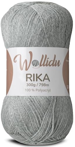 Wollidu Rika Garn zum Häkeln und Stricken 300g / 798m Strickgarn 100% Polyacryl Häkelgarn Hellgrau