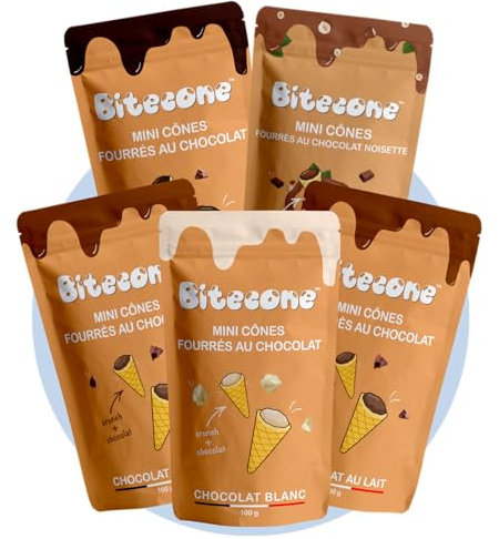 BITECONE - Chocolat au Lait, Noir, Blanc | Pack Découverte | Fin de Cornet de Glace, Mini cones fourrés | Pack 5 Sachets | Marque 100% française | Snacks avec Cacao Durable sans Huile de Palme | 500g