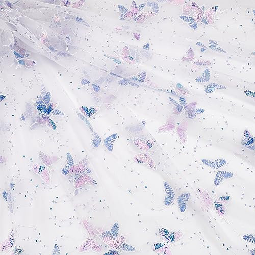 BENECREAT 2 Yard Polyester-Mesh-Tüllstoff Mit Schmetterlingsmuster, Pailletten-Schmetterlings-Spitzenstoff Für Selbstgemachte Kleidung, Hochzeitskleid, Heimdekoration, Weiß, 0.2 mm Dick
