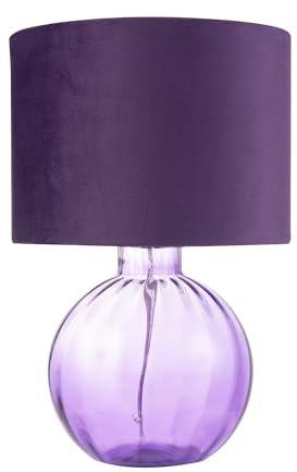 Happy Homewares Contemporary Designer Deep Purple Ribbed Glass Round Table Lamp with Matching Velvet Fabric Drum Shade | 1 x E27 60w Maximum | 42cm Height