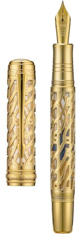 HONG DIAN Hongdian A6 Piston Fountain Pen Fine Soft Nib, Golden Hollow Skeleton & Transparent Resin Pen with Metal Case Set, Bright Gold