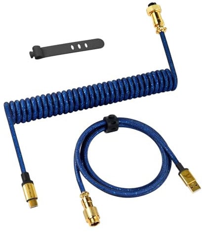 ATTACK SHARK C03 Coiled USB C Cable for Gaming Keyboard, Type-C to USB-A, PRO Custom Braided Double-sleeved Mechanical Keyboard Charger Cable with Gold-plate Detachable Aviator Connector, Deep Blue