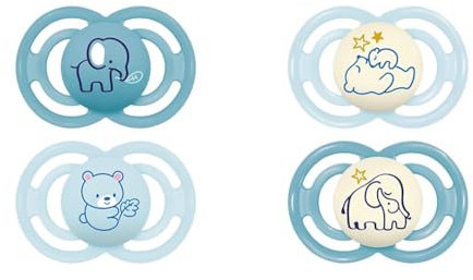 MAM Perfect Day & Night Schnuller im 4er-Set, leuchtend im Dunkeln, zahnfreundlicher Baby Schnuller aus nachhaltigen & bio-erneuerbaren Materialien, mit Schnullerbox, 16+ Monate, Bär/Elefant